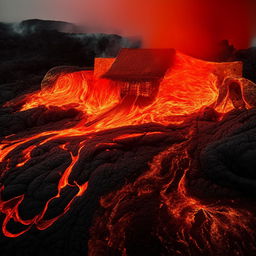 The house persists on the edge of a sprawling, intense lava lake, bursting through the canvas with vibrant hues of orange and red. The lava's flames are now more powerful, commanding the scene with their mesmerizing dance.