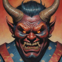 A detailed and colorful portrayal of an Oni, a traditional Japanese demon with fierce and menacing expression, piercing eyes, sharp teeth, and two horns poking out of its forehead.