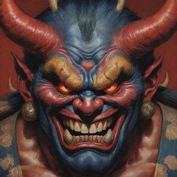 A detailed and colorful portrayal of an Oni, a traditional Japanese demon with fierce and menacing expression, piercing eyes, sharp teeth, and two horns poking out of its forehead.