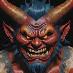 A detailed and colorful portrayal of an Oni, a traditional Japanese demon with fierce and menacing expression, piercing eyes, sharp teeth, and two horns poking out of its forehead.