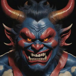 A detailed and colorful portrayal of an Oni, a traditional Japanese demon with fierce and menacing expression, piercing eyes, sharp teeth, and two horns poking out of its forehead.