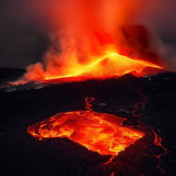 The house persists on the edge of a sprawling, intense lava lake, bursting through the canvas with vibrant hues of orange and red. The lava's flames are now more powerful, commanding the scene with their mesmerizing dance.