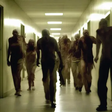 The horror movie showed a terrifying scene of a horde of zombies shambling down the corridor, ready to attack.