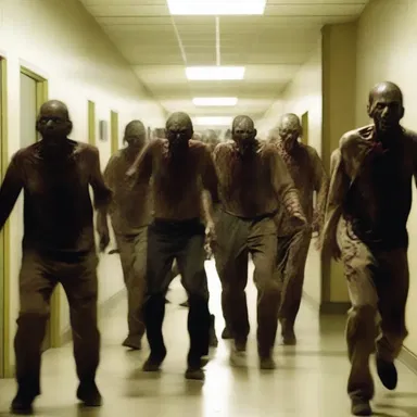 The horror movie showed a terrifying scene of a horde of zombies shambling down the corridor, ready to attack.