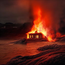 Define the scene as a barely-contained chaos of a larger, more aggressive lava lake, its brilliant and fiery waves almost touching the quaint, resilient house at its brink. The overall atmosphere saturating with seething intensity.