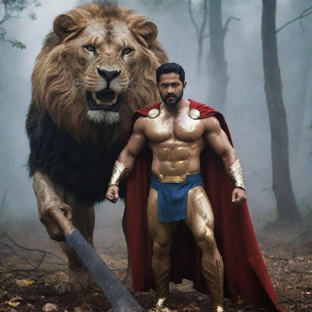 Indian actor, Junior NTR, in a golden Thor-inspired suit, cape, and muscular physique, towers over a lion while holding Thor's golden hammer. His stern face and suit are slightly bloodied. The scene is set in a forest, with a fierce lion covered in blood, under a stormy blue sky. The ground is littered with fallen foes.