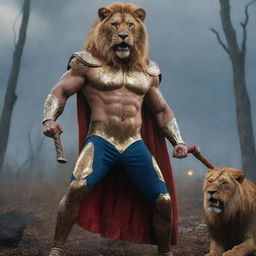 Indian actor, Junior NTR, in a golden Thor-inspired suit, cape, and muscular physique, towers over a lion while holding Thor's golden hammer. His stern face and suit are slightly bloodied. The scene is set in a forest, with a fierce lion covered in blood, under a stormy blue sky. The ground is littered with fallen foes.