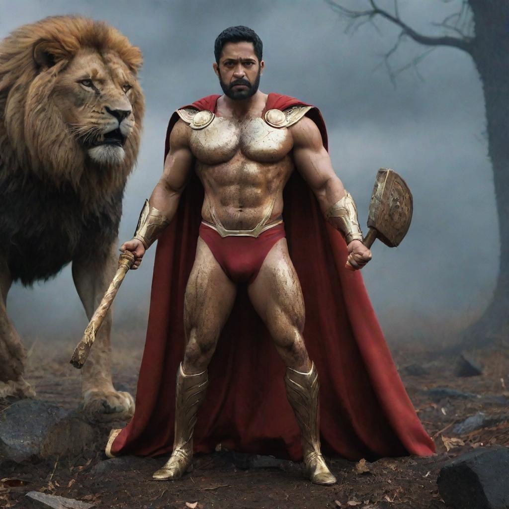 Indian actor, Junior NTR, in a golden Thor-inspired suit, cape, and muscular physique, towers over a lion while holding Thor's golden hammer. His stern face and suit are slightly bloodied. The scene is set in a forest, with a fierce lion covered in blood, under a stormy blue sky. The ground is littered with fallen foes.