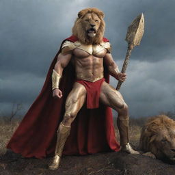 Indian actor, Junior NTR, in a golden Thor-inspired suit, cape, and muscular physique, towers over a lion while holding Thor's golden hammer. His stern face and suit are slightly bloodied. The scene is set in a forest, with a fierce lion covered in blood, under a stormy blue sky. The ground is littered with fallen foes.