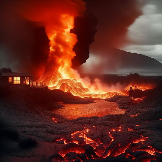 Define the scene as a barely-contained chaos of a larger, more aggressive lava lake, its brilliant and fiery waves almost touching the quaint, resilient house at its brink. The overall atmosphere saturating with seething intensity.