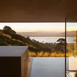 Modern minimalist interior design in a house situated on the hills of Wellington, New Zealand, featuring a stunning view of the harbour and the Hutt Valley from large, picture windows.