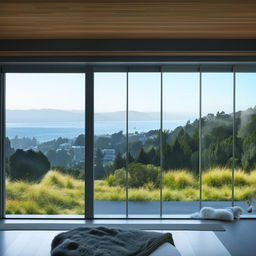 Modern minimalist interior design in a house situated on the hills of Wellington, New Zealand, featuring a stunning view of the harbour and the Hutt Valley from large, picture windows.