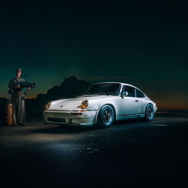 A 90s Porsche 911 in a cinematic portrait photograph for a 1950s car magazine. Create an epic, anachronistic scene embodying professional car photography with extreme attention to detail.