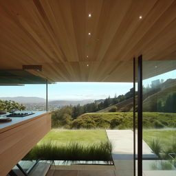 Modern minimalist interior design in a house situated on the hills of Wellington, New Zealand, featuring a stunning view of the harbour and the Hutt Valley from large, picture windows.