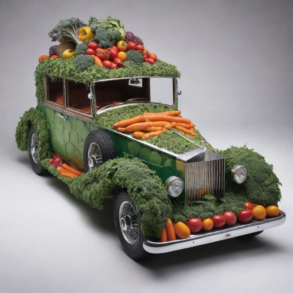 A detailed, imaginative interpretation of a Rolls Royce built entirely from an assortment of vibrant, fresh vegetables.