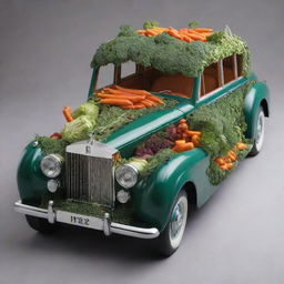 A detailed, imaginative interpretation of a Rolls Royce built entirely from an assortment of vibrant, fresh vegetables.