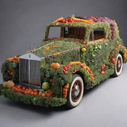 A detailed, imaginative interpretation of a Rolls Royce built entirely from an assortment of vibrant, fresh vegetables.