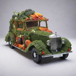 A detailed, imaginative interpretation of a Rolls Royce built entirely from an assortment of vibrant, fresh vegetables.