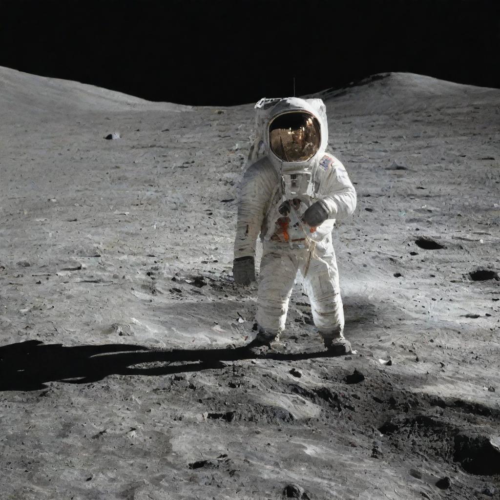 Indian astronauts standing proudly on the moon's surface, holding the Indian flag with the Earth and the vastness of space as a backdrop.