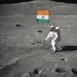 Indian astronauts standing proudly on the moon's surface, holding the Indian flag with the Earth and the vastness of space as a backdrop.