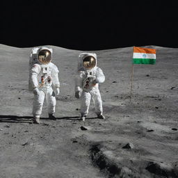 Indian astronauts standing proudly on the moon's surface, holding the Indian flag with the Earth and the vastness of space as a backdrop.