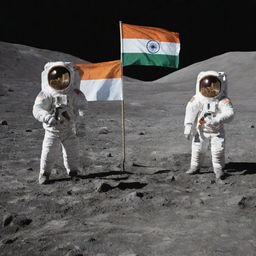 Indian astronauts standing proudly on the moon's surface, holding the Indian flag with the Earth and the vastness of space as a backdrop.