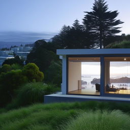 Modern minimalist interior design in a house situated on the hills of Wellington, New Zealand, featuring a stunning view of the harbour and the Hutt Valley from large, picture windows.