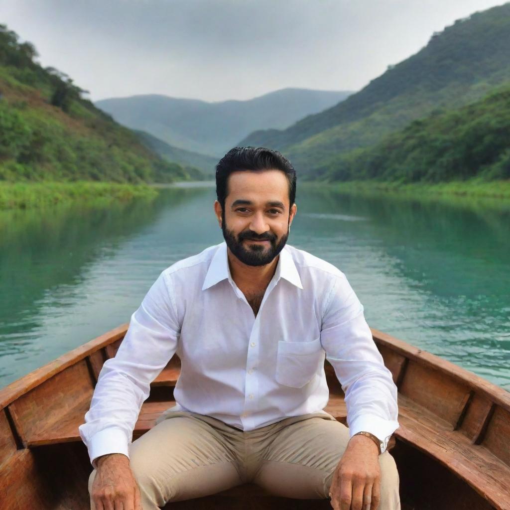 NTR, the legendary Telugu actor and politician, in a rustic boat, navigating through the tranquil waters with a picturesque landscape backdrop.