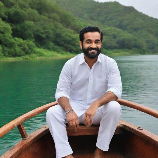 NTR, the legendary Telugu actor and politician, in a rustic boat, navigating through the tranquil waters with a picturesque landscape backdrop.