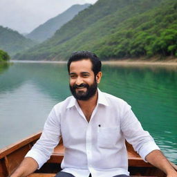 NTR, the legendary Telugu actor and politician, in a rustic boat, navigating through the tranquil waters with a picturesque landscape backdrop.