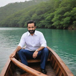 NTR, the legendary Telugu actor and politician, in a rustic boat, navigating through the tranquil waters with a picturesque landscape backdrop.