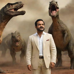 NTR, the legendary Telugu actor and politician, standing confidently amidst a scene of roaring dinosaurs, undeterred and heroic.