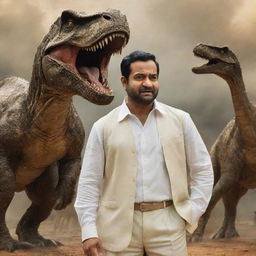 NTR, the legendary Telugu actor and politician, standing confidently amidst a scene of roaring dinosaurs, undeterred and heroic.