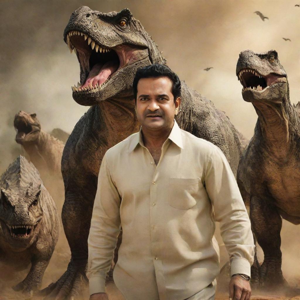 NTR, the legendary Telugu actor and politician, standing confidently amidst a scene of roaring dinosaurs, undeterred and heroic.