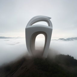 A stunning modernist architectural sculpture perched atop a rainy mountain peak, elevated above a sea of clouds. Embellish with elements of architectural photography.