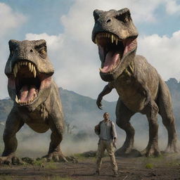 Actor Will Smith, showcasing his charismatic charm, standing fearlessly in front of a towering, roaring dinosaur against a wild, prehistoric backdrop.