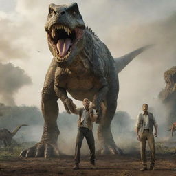 Actor Will Smith, showcasing his charismatic charm, standing fearlessly in front of a towering, roaring dinosaur against a wild, prehistoric backdrop.