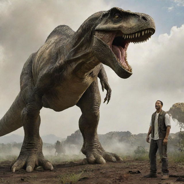 Actor Will Smith, showcasing his charismatic charm, standing fearlessly in front of a towering, roaring dinosaur against a wild, prehistoric backdrop.