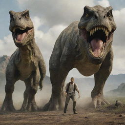 Actor Will Smith, showcasing his charismatic charm, standing fearlessly in front of a towering, roaring dinosaur against a wild, prehistoric backdrop.