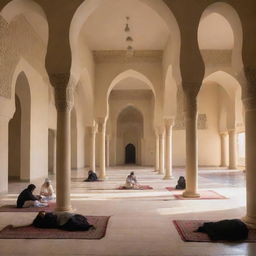 Interior view of a tranquil, Islamic-style academy, featuring traditional Middle Eastern architecture, warm ambient light, and students engrossed in peaceful study