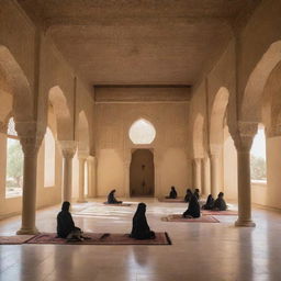 Interior view of a tranquil, Islamic-style academy, featuring traditional Middle Eastern architecture, warm ambient light, and students engrossed in peaceful study