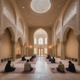 Interior view of a tranquil, Islamic-style academy, featuring traditional Middle Eastern architecture, warm ambient light, and students engrossed in peaceful study