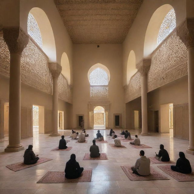 Interior view of a tranquil, Islamic-style academy, featuring traditional Middle Eastern architecture, warm ambient light, and students engrossed in peaceful study