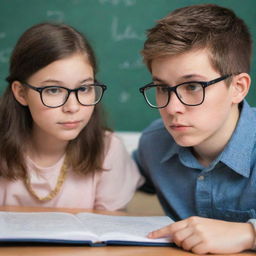 A nerdy girl, adorned with large glasses and a stack of books under her arm, gazing admiringly at a geeky boy engrossed in a complex mathematical equation on his computer.