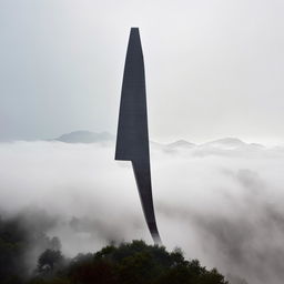 A stunning modernist architectural sculpture perched atop a rainy mountain peak, elevated above a sea of clouds. Embellish with elements of architectural photography.