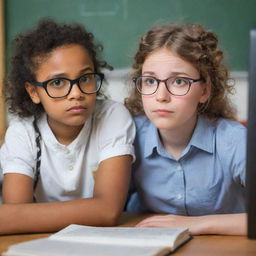 A nerdy girl, adorned with large glasses and a stack of books under her arm, gazing admiringly at a geeky boy engrossed in a complex mathematical equation on his computer.