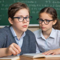 A nerdy girl, adorned with large glasses and a stack of books under her arm, gazing admiringly at a geeky boy engrossed in a complex mathematical equation on his computer.