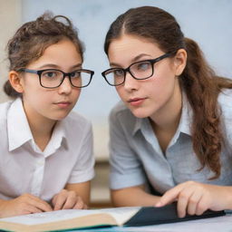 A nerdy girl, adorned with large glasses and a stack of books under her arm, gazing admiringly at a geeky boy engrossed in a complex mathematical equation on his computer.