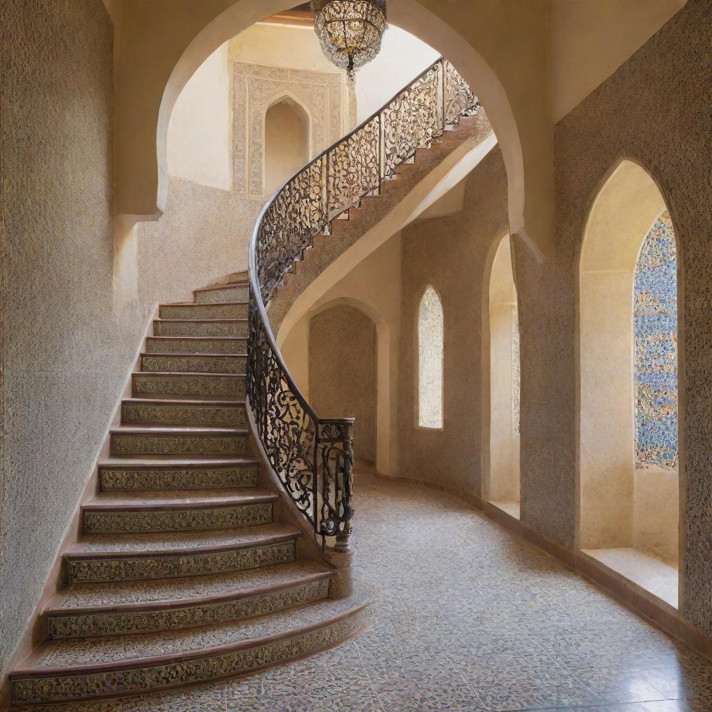 A detailed, interior view of Islamic-style stairs featuring ornate patterns, curved archways, and the elegant use of vibrant tiles