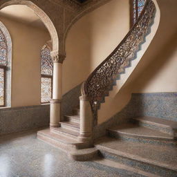 A detailed, interior view of Islamic-style stairs featuring ornate patterns, curved archways, and the elegant use of vibrant tiles